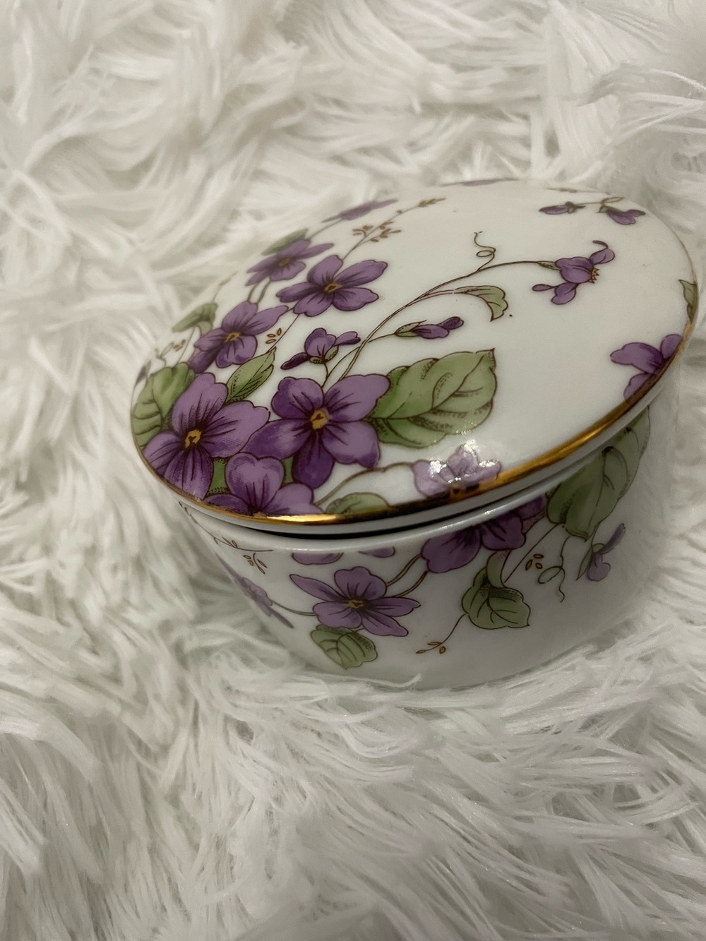 Lefton Purple Floral Porcelain Trinket Box with Gold Trim